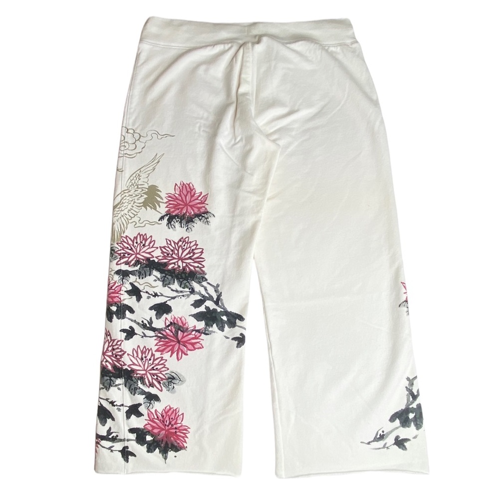 HTF: Lucky ☘︎︎ Asian Crane Tattoo Watercolor Floral Cropped Sweatpants ☘︎︎ White - Picture 14 of 15